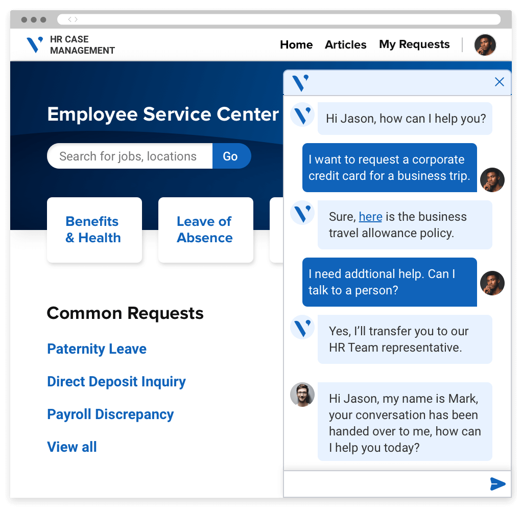 An Employee Service Center portal with common requests, a search bar and a chat window with a service representative.