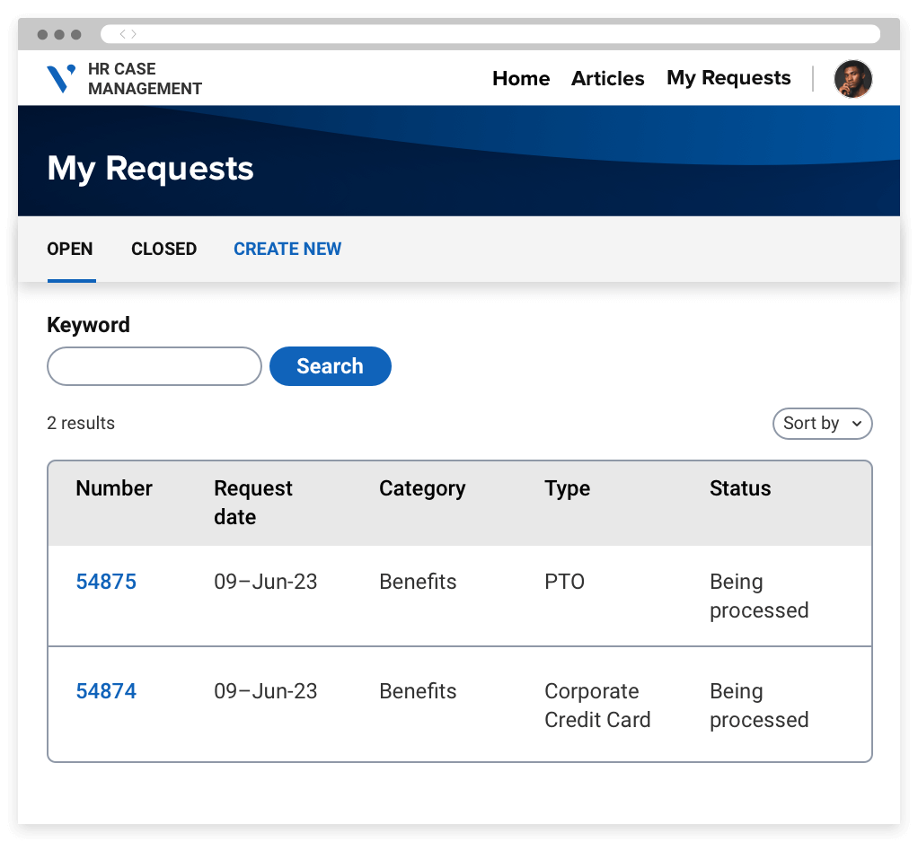 A portal showing a list of requests created by a user with details such as request number, creation date, request type and status.