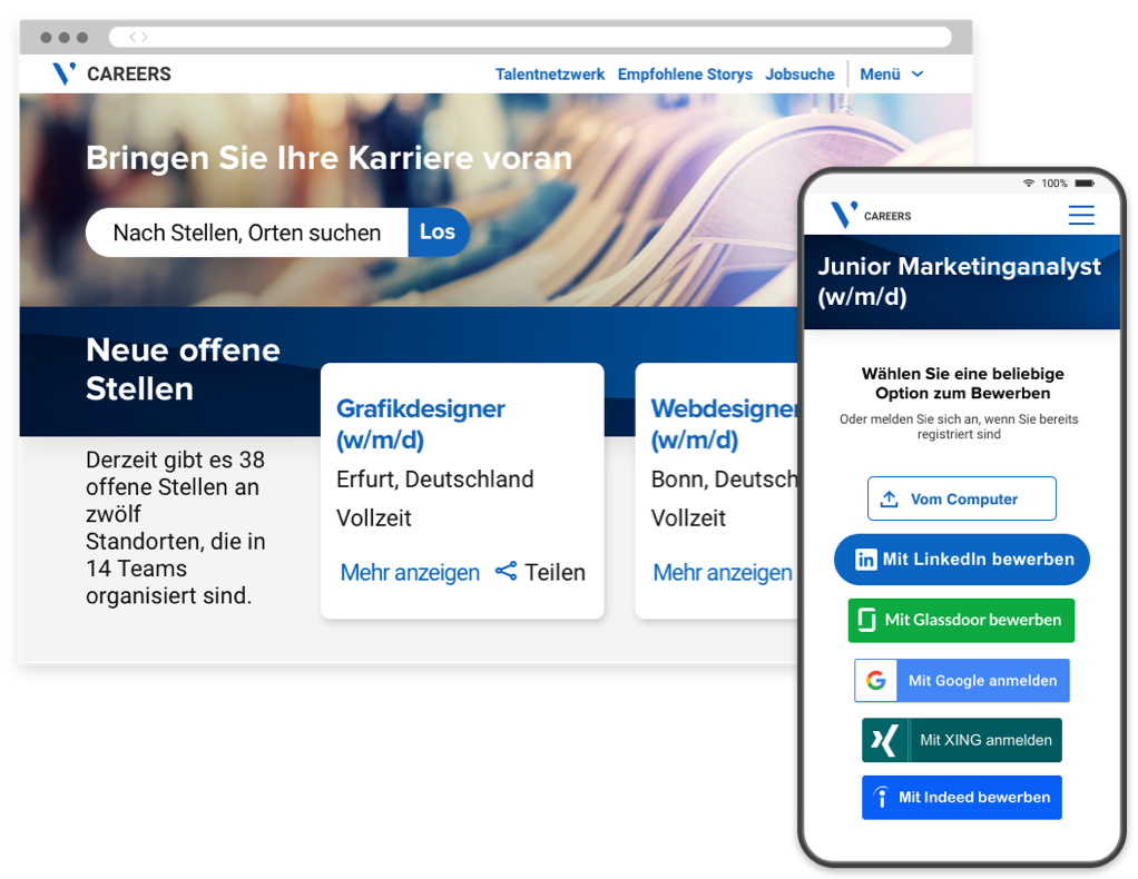 Ein Portal zur Stellensuche und Stellenbewerbung und eine mobile Version des Portals mit Bewerbungsoptionen über Social-Media-Konten.