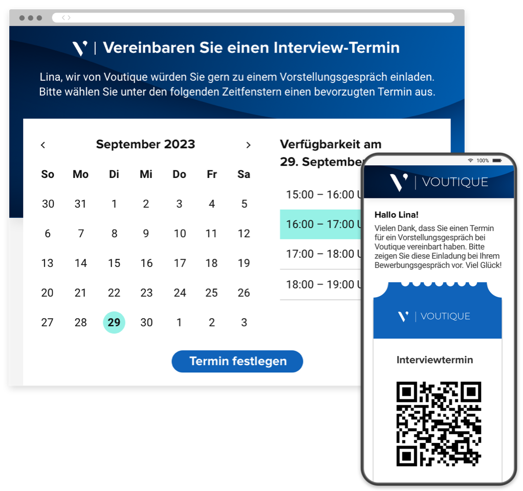 Ein Portal zur Terminkoordination für Interviews mit verfügbaren Zeitfenstern und ein mobiles Portal mit QR-Code zum Interview-Zugriff.