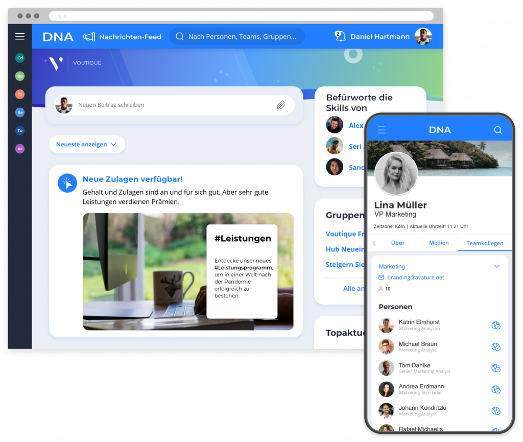 Die Avature DNA-Startseite und die mobile Version von Avature DNA , die das Profil eines neuen Mitarbeiters und Teamkollegen zeigt.