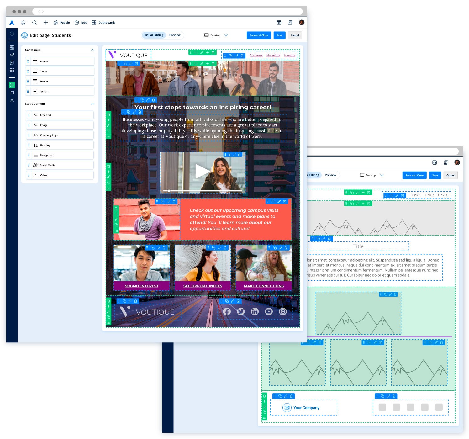 Screenshot of Avature’s Portal Page Builder tool, showing the different elements that compose the intuitive drag and drop interface.