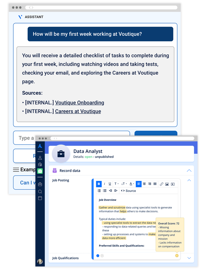 Combined image showing Avature's two Generative AI features: an intelligent database and a job writing assistant.