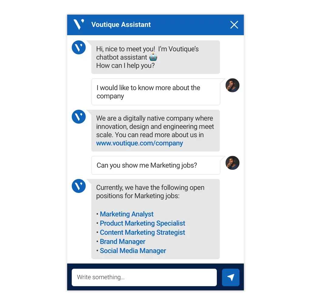 Image of the Avature chatbot answering a question and providing jobs related to Marketing, as requesting by a candidate.