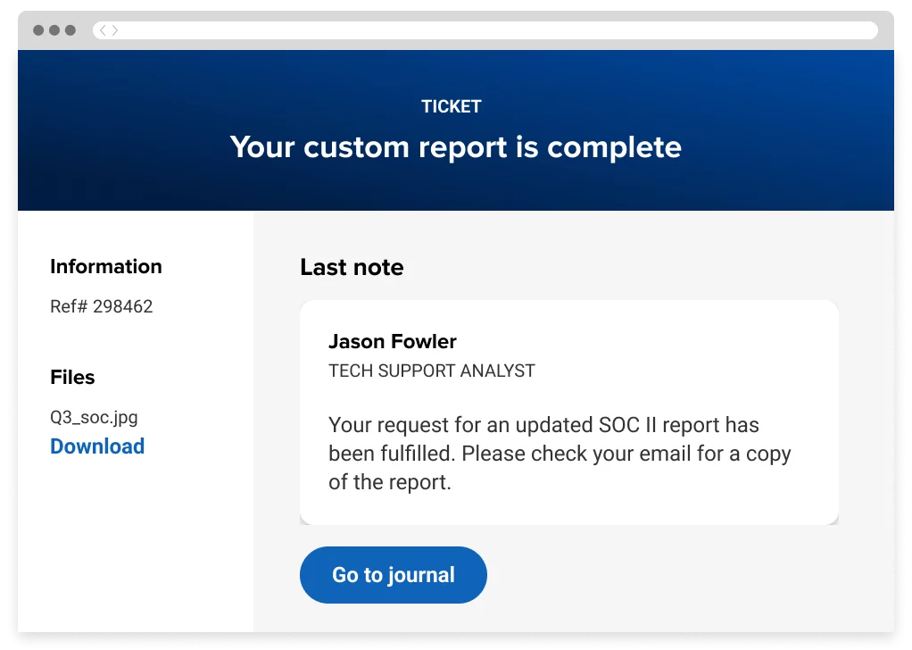 A note from a support ticket notifying that the report requested by the user has been sent to their email.
