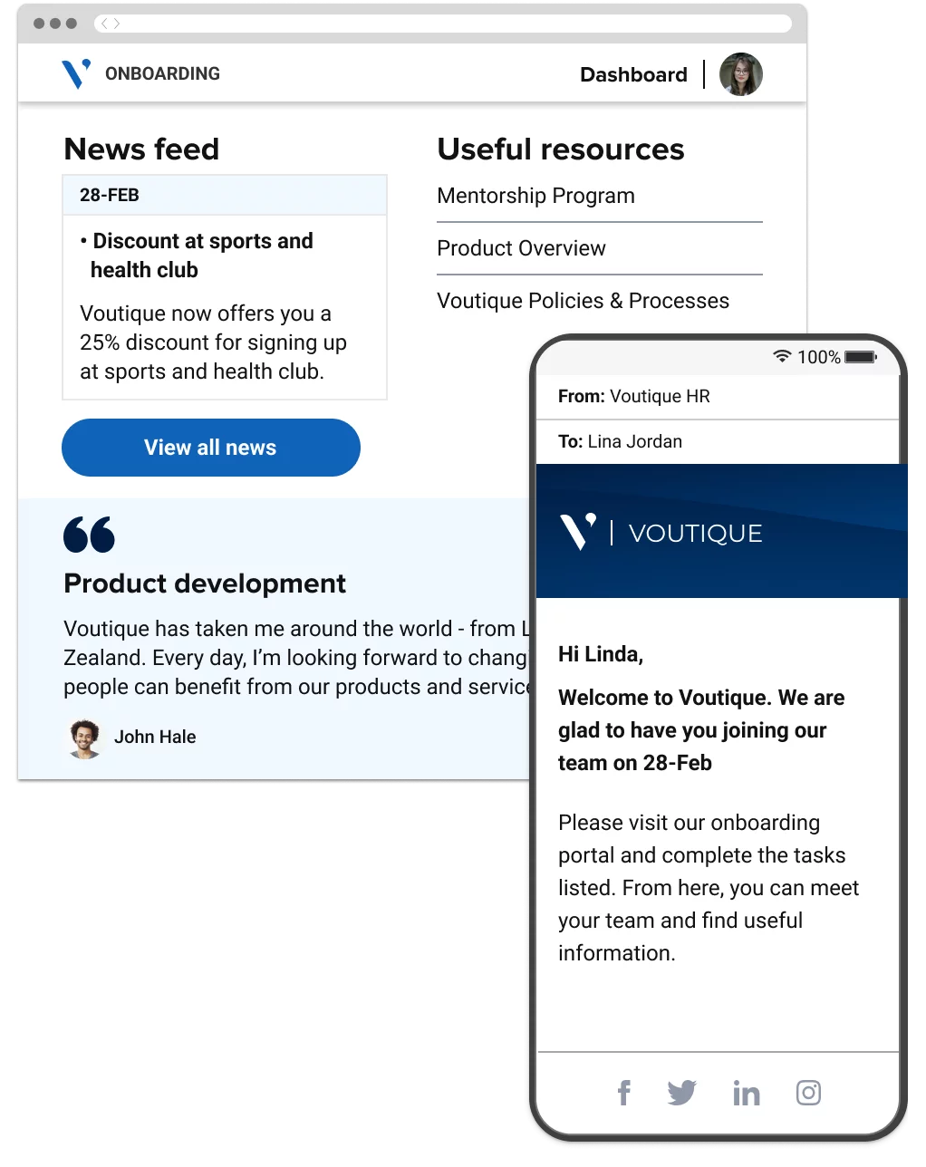 An onboarding portal home page showing news and resources, and a personalized email welcoming the user to the company.