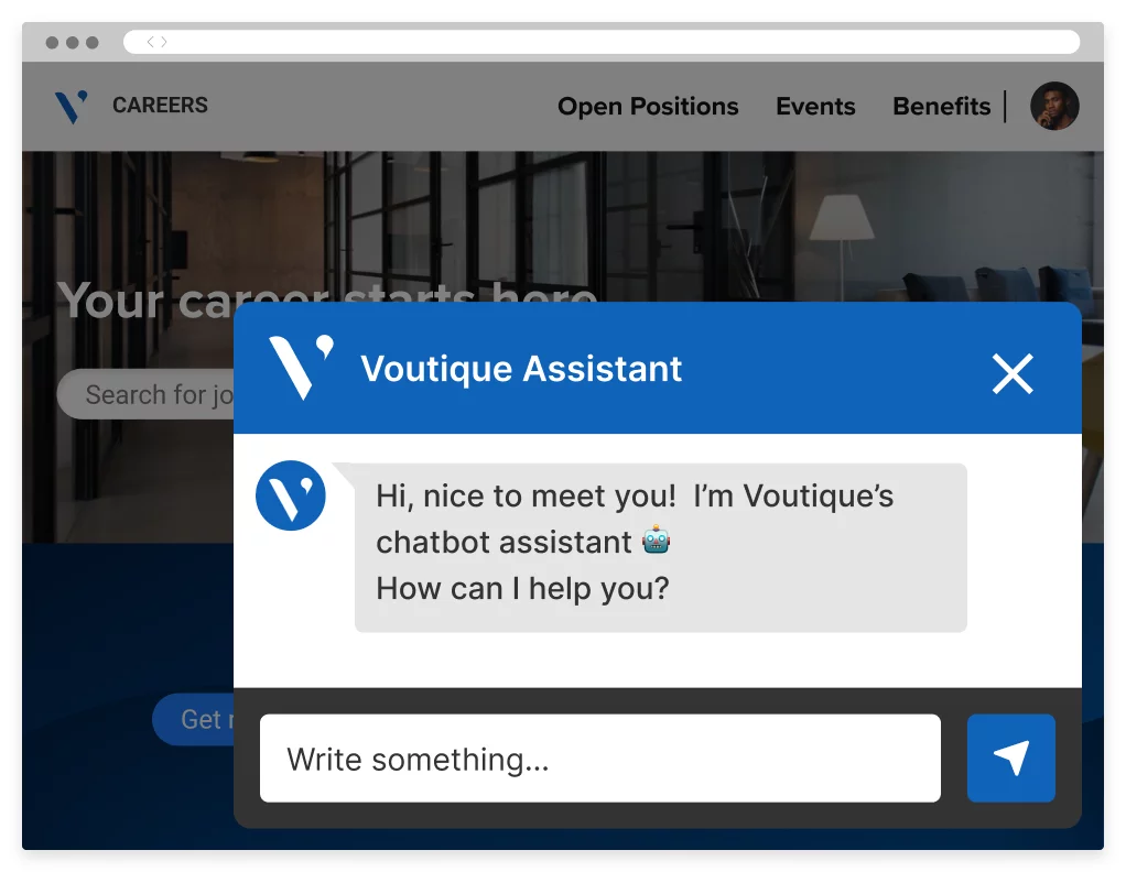 A chatbot interface greeting the user with a career site displayed in the background.