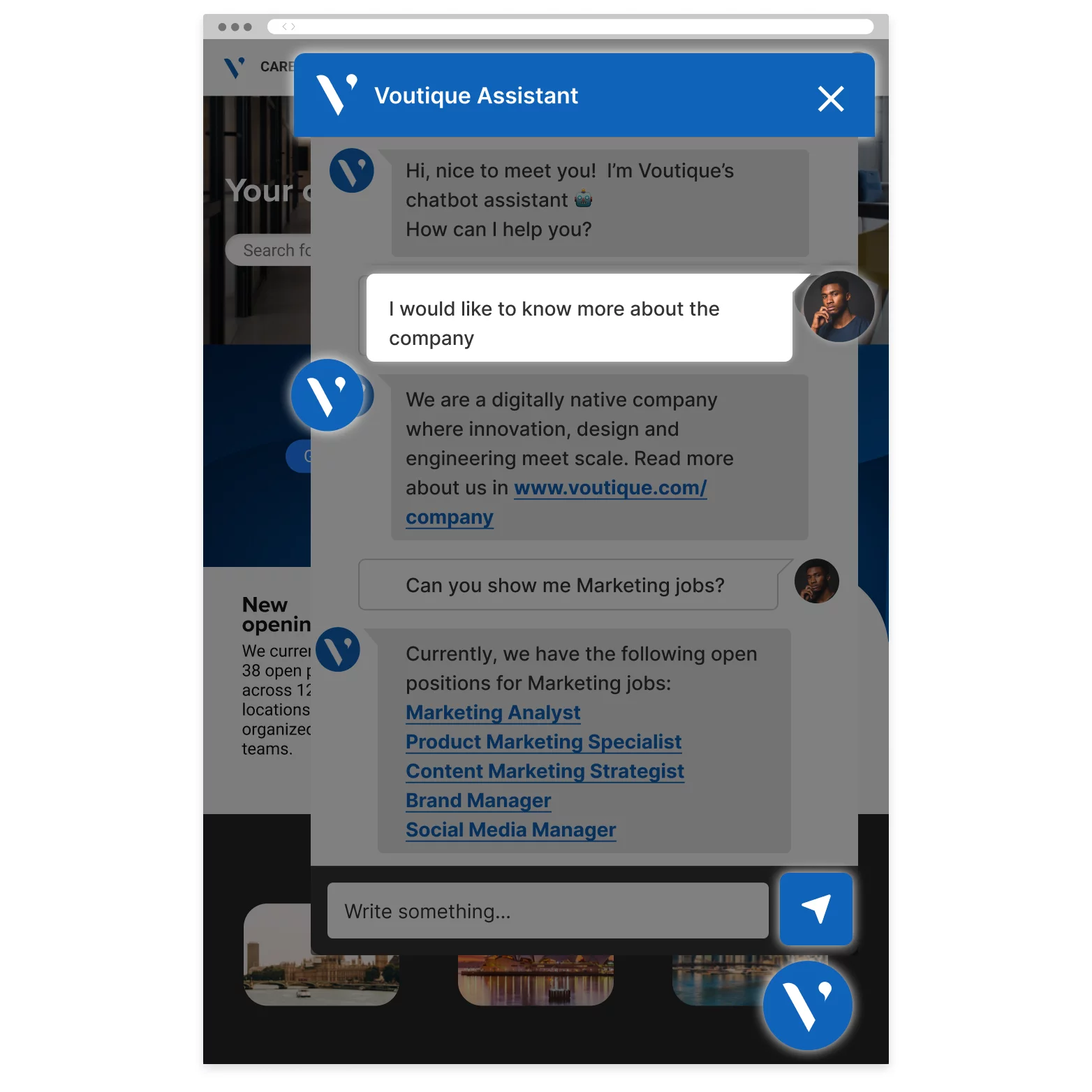 A chatbot interface displaying the message: 'I would like to know more about the company.”