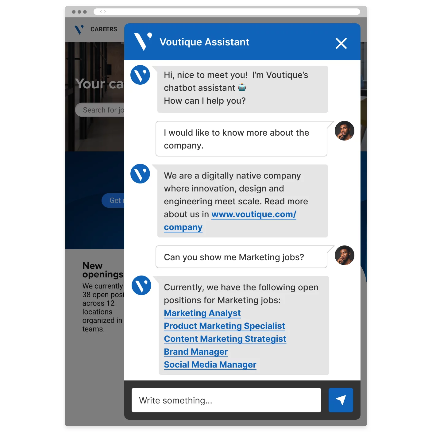 A chatbot interface displaying job openings.