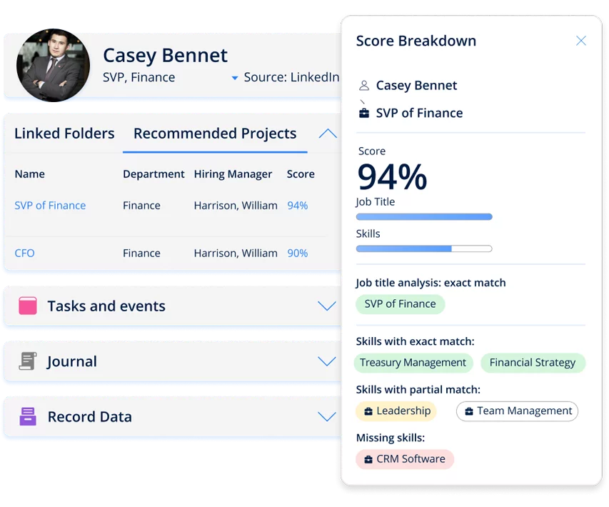 Screenshot of executive recruitment software displaying the breakdown of a lead’s suitability score and skills for a director of marketing role.