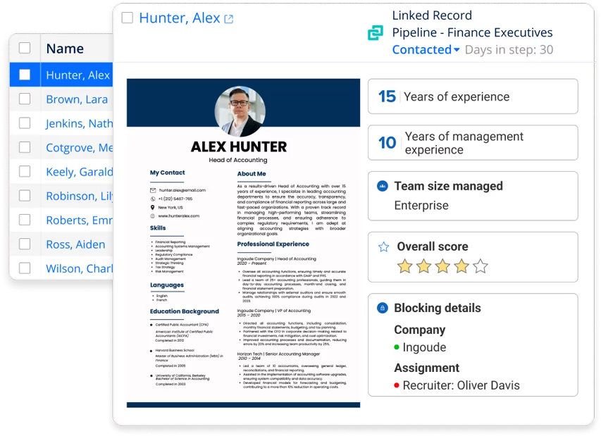 Screenshot of recruitment software showing a candidate job record, including work experience and a suitability score.
