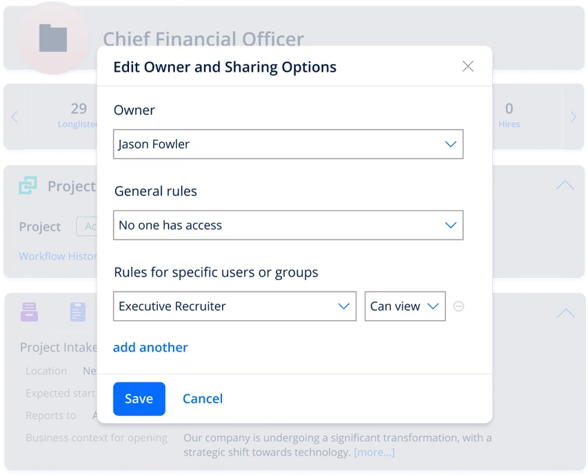 Screenshot of software displaying project workflow information and sharing options