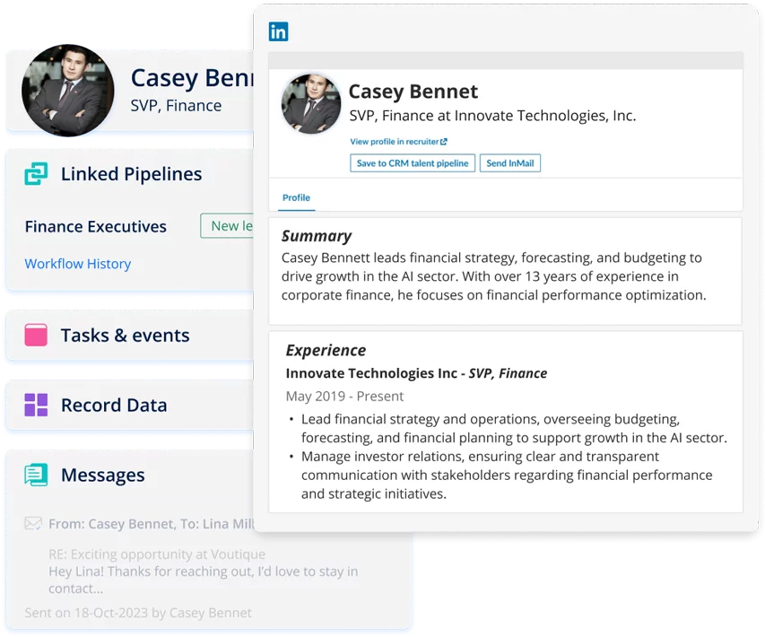 Screenshot of a profile of a Finance Executive alongside LinkedIn information.