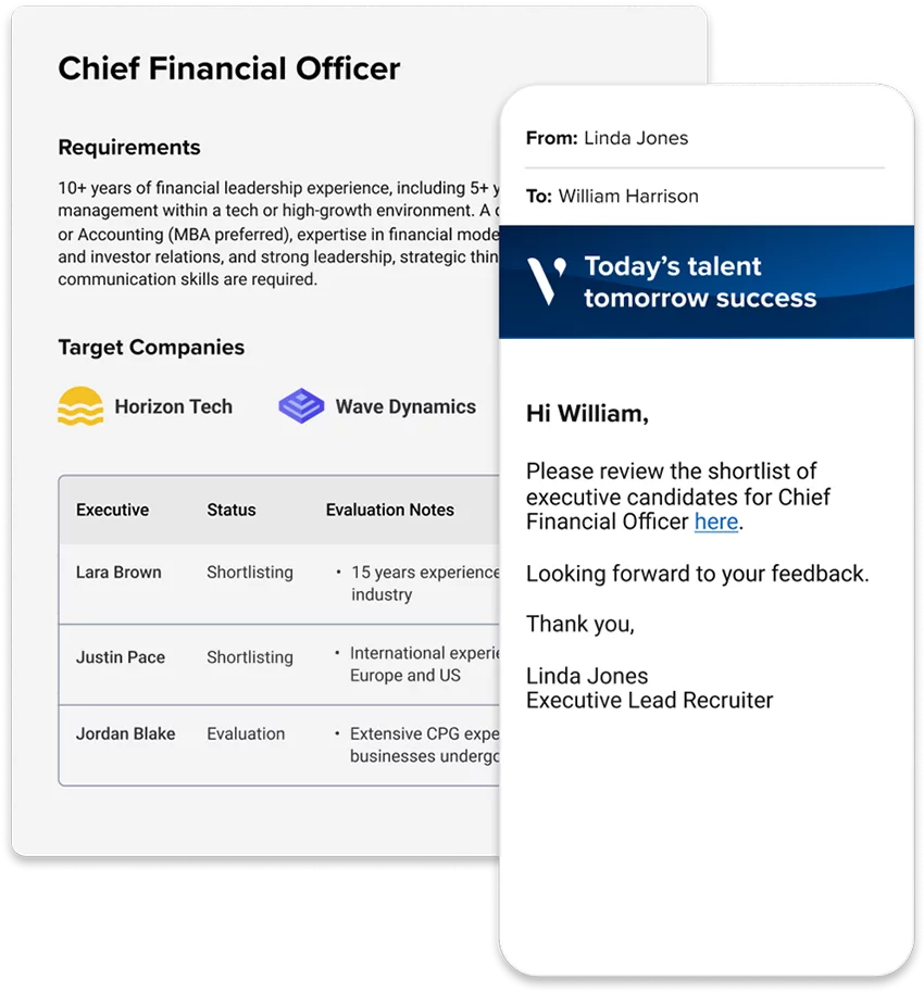A screenshot of a mobile phone displaying a portal request for feedback regarding an executive candidate alongside a breakdown of a shortlist of candidates and their companies.
