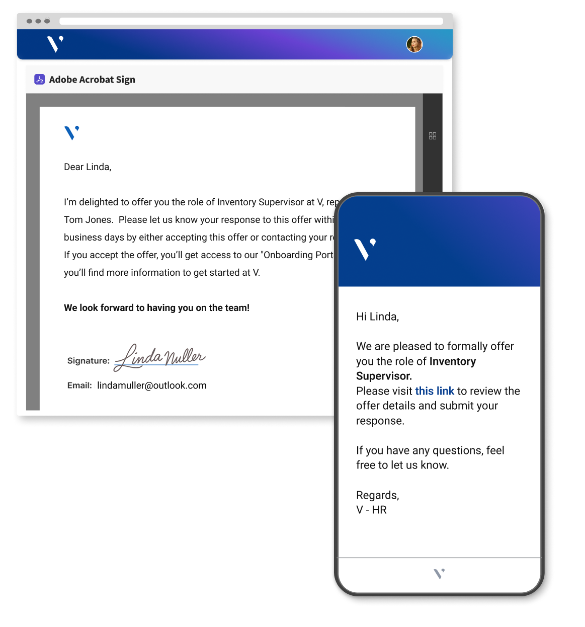 This image illustrates digital offer management functionality. It shows how HR teams can send job offers electronically, collect secure e-signatures, and provide candidates with mobile-friendly access to review and accept offers. By combining document signing with instant mobile notifications and links, the process speeds up offer acceptance, ensures compliance, and helps new hires quickly move into onboarding.