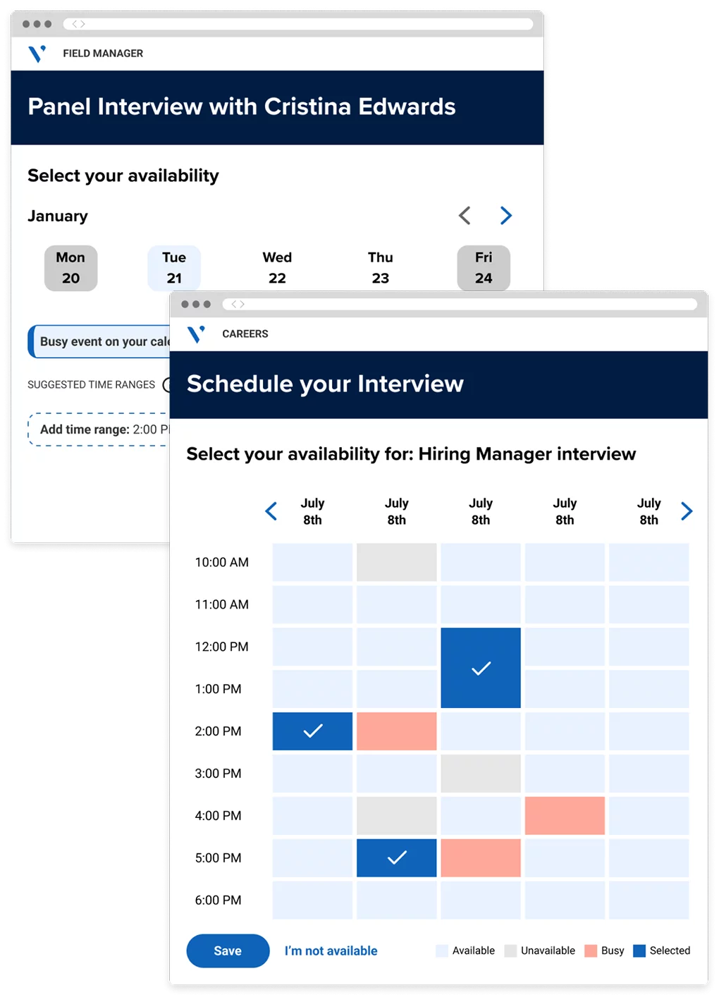 Screenshot of automated interview scheduler for candidates, providing a selection of dates and timeslots