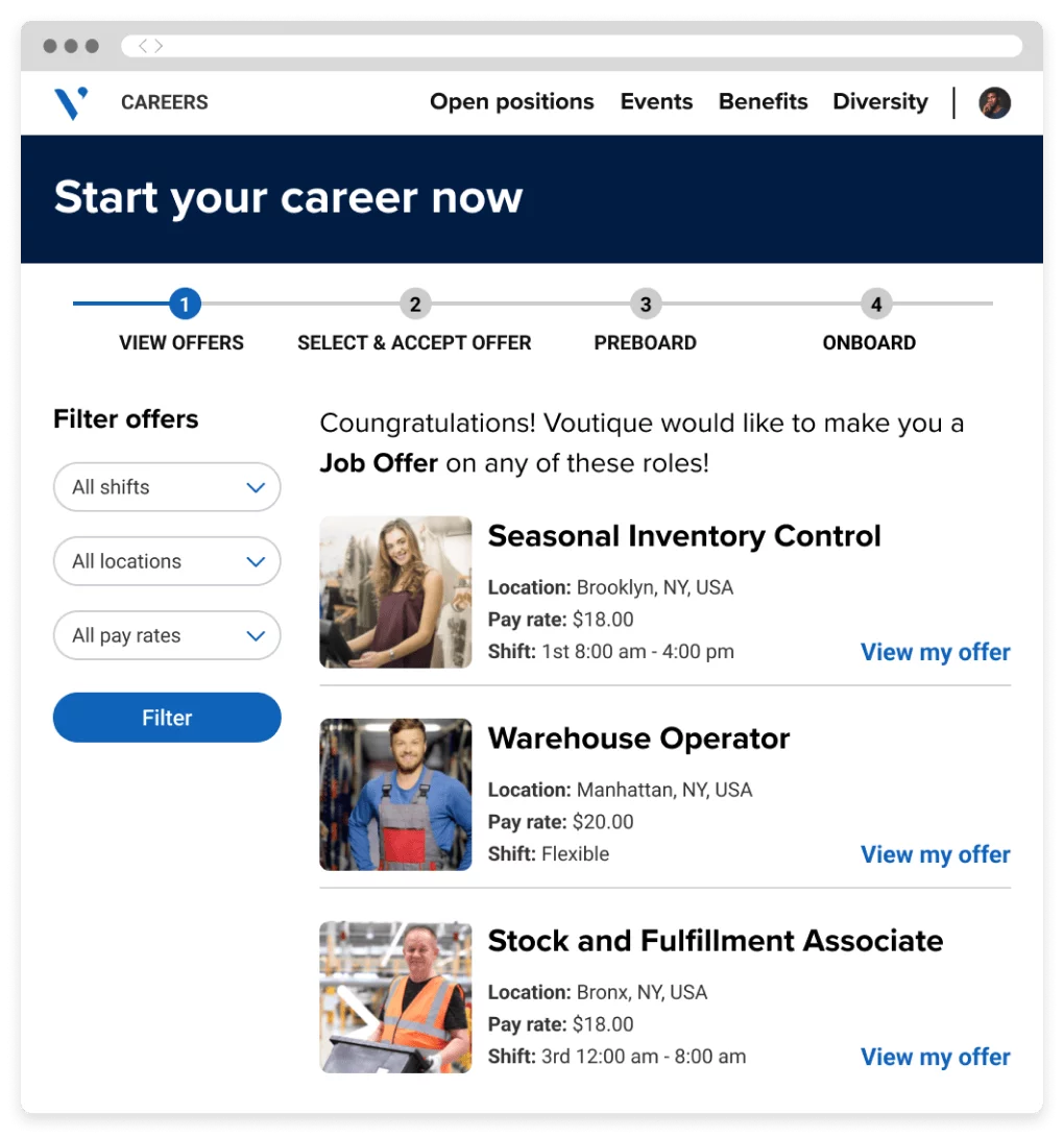 A screenshot of a career site where candidates can view and compare job offers for inventory control, warehouse operator and stock associate