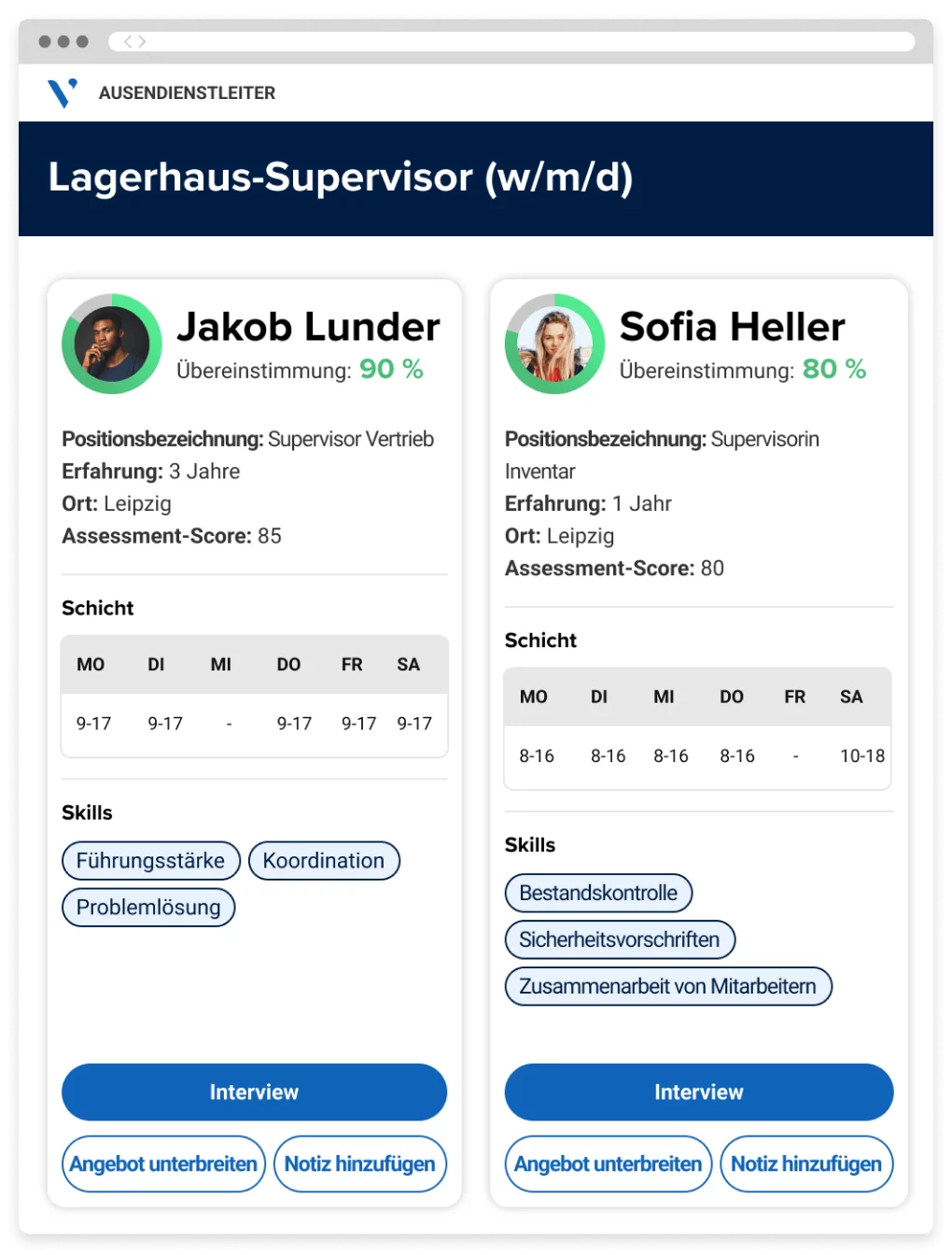 Bildschirm, auf dem verschiedene Kandidaten verglichen werden. Eine Matching-Punktzahl zeigt an, inwiefern die Kandidaten auf Grundlage ihrer Skills und Verfügbarkeit für die Rolle geeignet sind