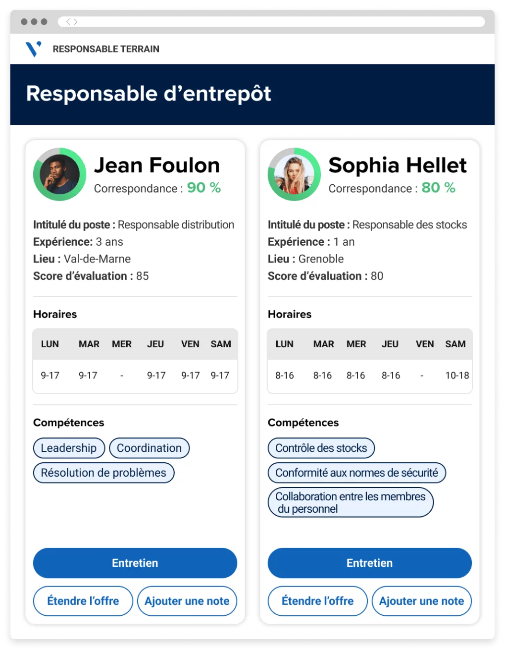 Capture d'écran comparant différents candidats, indiquant un score de matching avec le poste en fonction des compétences et de la disponibilité