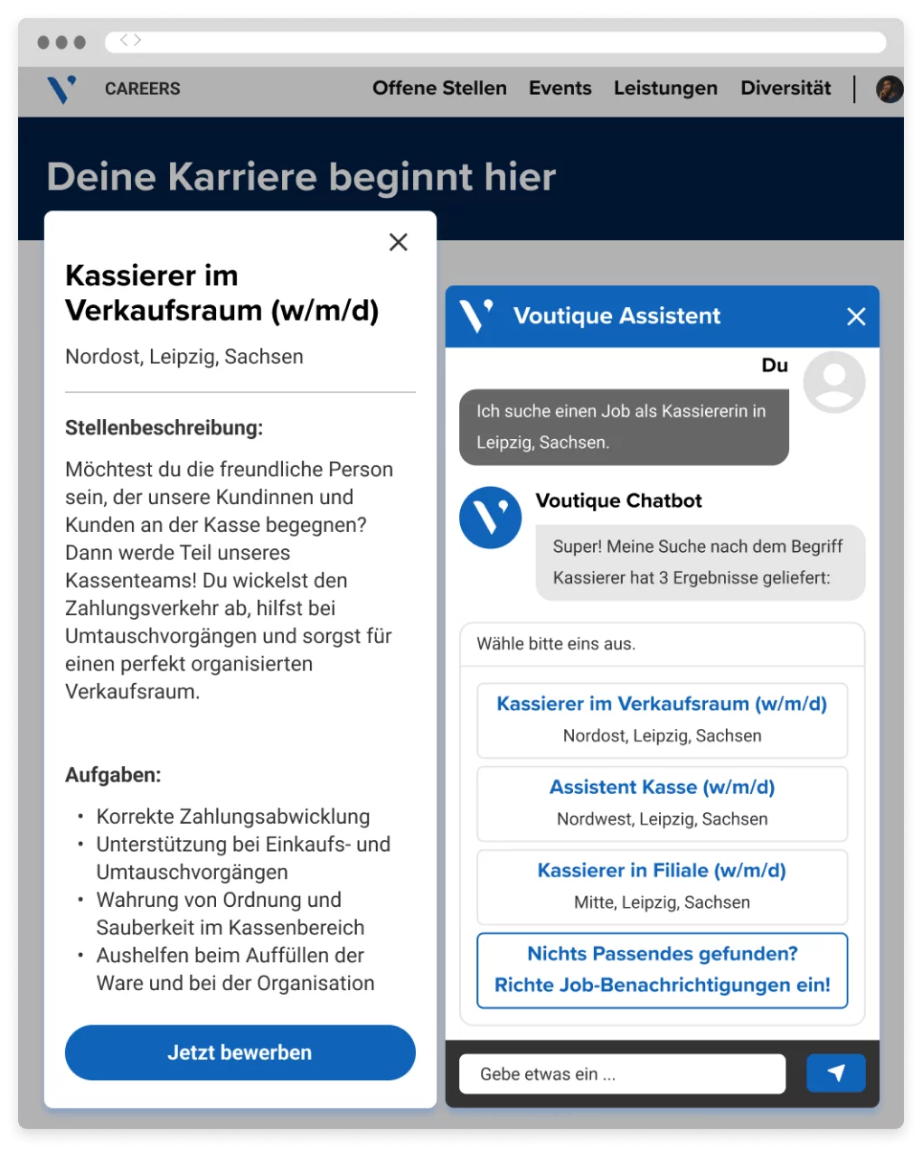 Bildschirm einer Karriereseite mit einem KI-Chatbot-Dialog, bei dem der Chatbot potenziell infrage kommende offene Stellen anzeigt