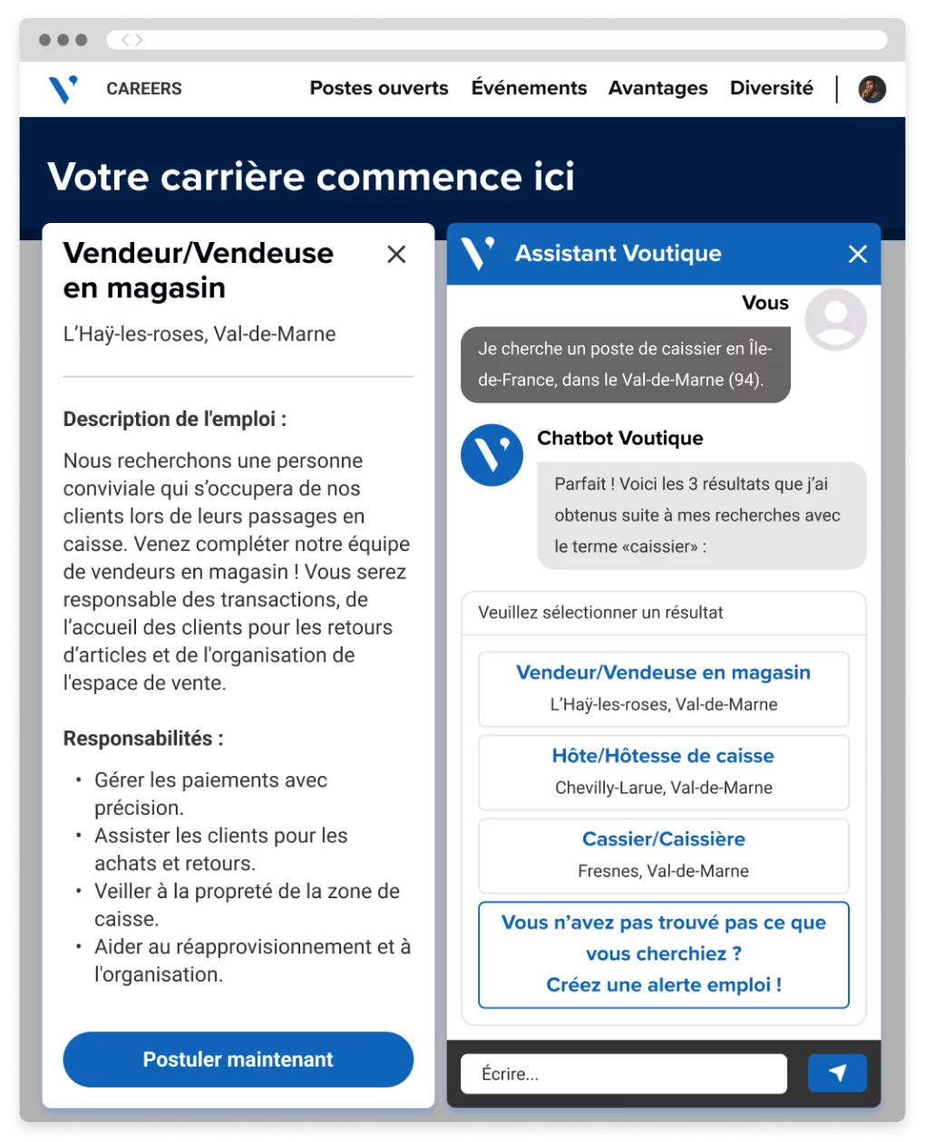 Bildschirm einer Karriereseite mit einem KI-Chatbot-Dialog, bei dem der Chatbot potenziell infrage kommende offene Stellen anzeigt