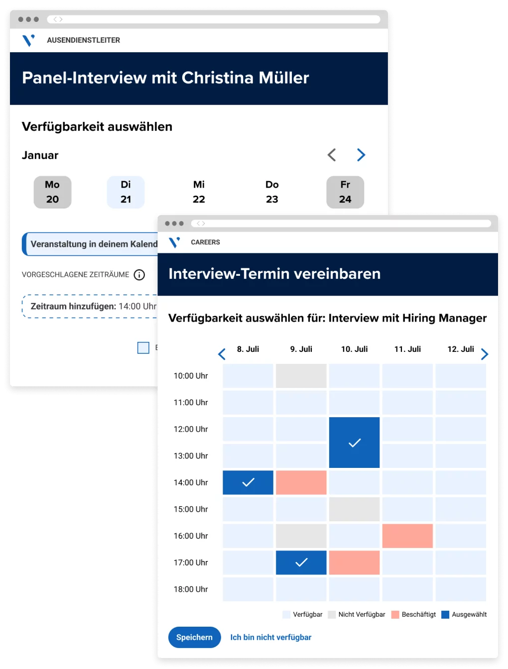 Screenshot der automatischen Terminkoordination von Vorstellungsgesprächen, bei der Kandidaten eine Auswahl an Terminen und Zeitfenstern angeboten wird.