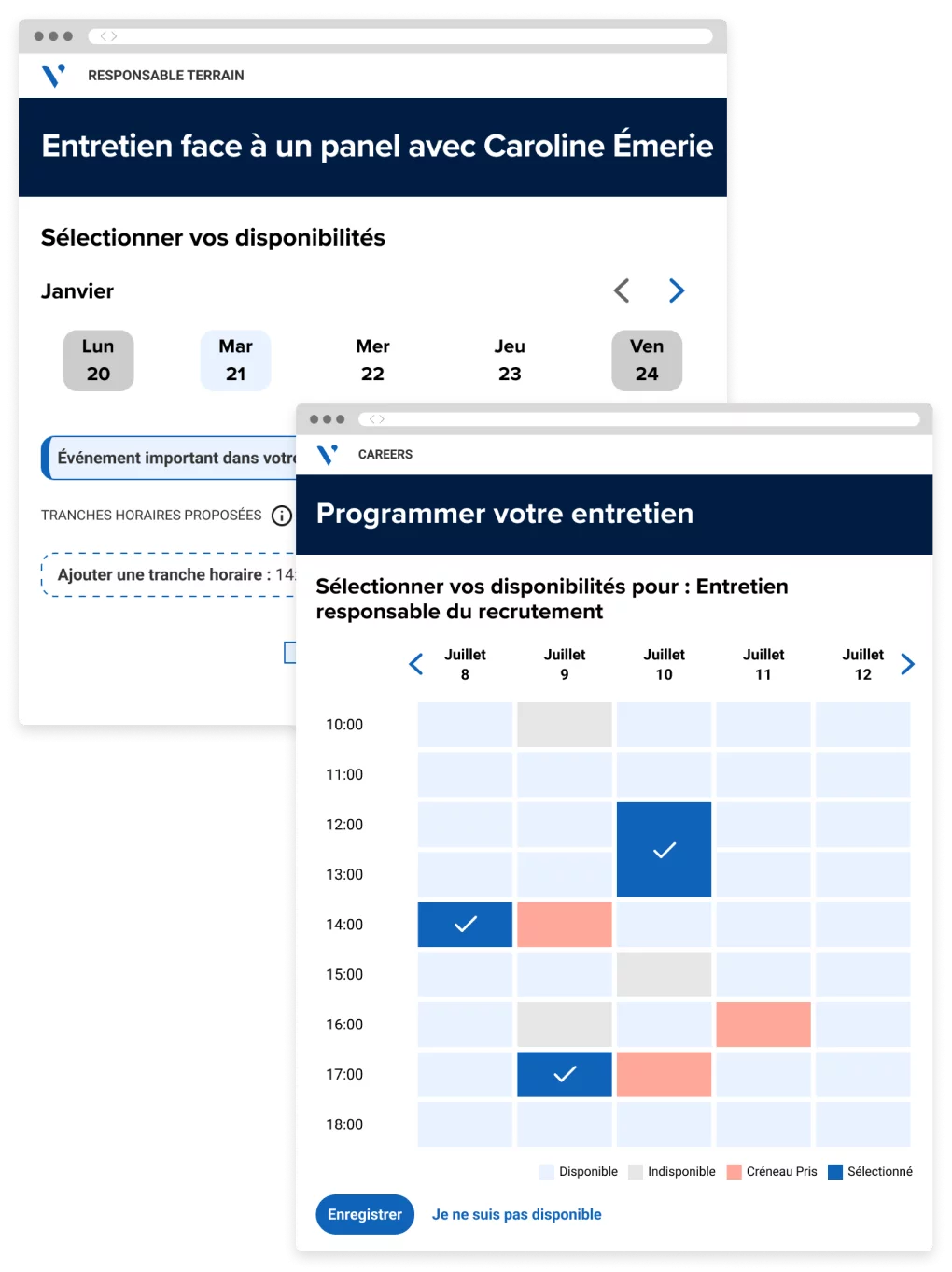 Capture d'écran d'un programmateur d'entretiens automatisés pour les candidats, proposant une sélection de dates et de créneaux horaires.
