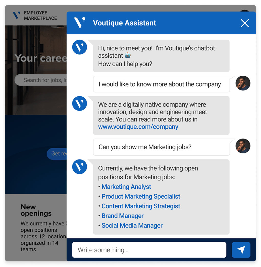 Avature Chatbot in action providing potential candidate with a list of job openings and information about the company.