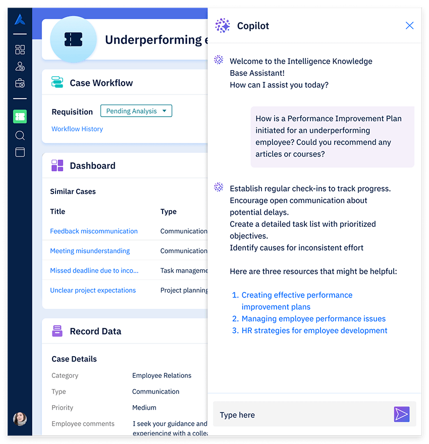 Avature Copilot’s Intelligent Knowledge Base Assistant giving advice on how to initiate an employee performance improvement plan.