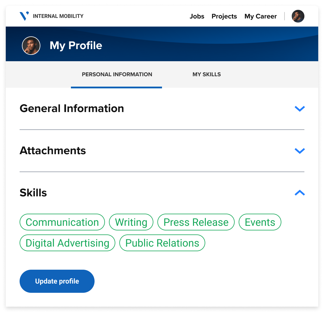 Avature portal showing skills parsed automatically from a candidate’s resume.