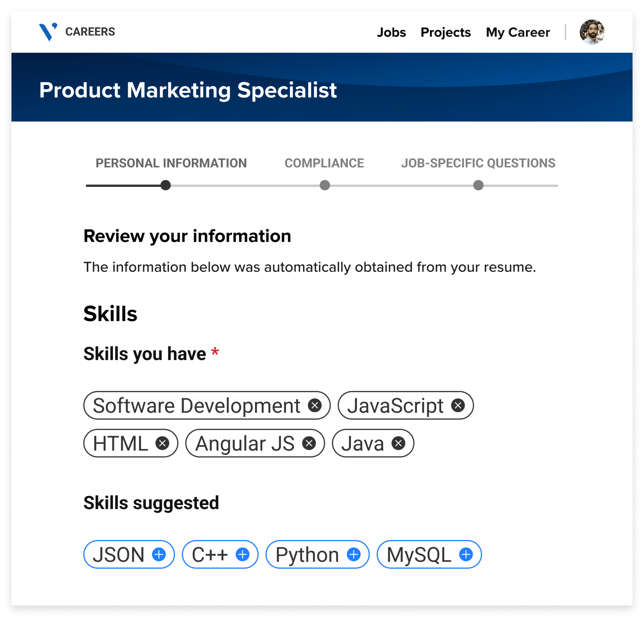 Avature portal showing AI-powered skills suggestions based on a candidate’s other skills.