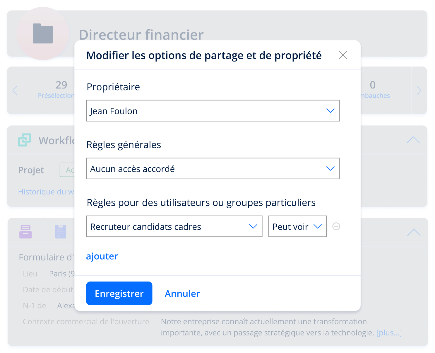 Capture d'écran du logiciel affichant les informations sur le flux de travail du projet et les options de partage