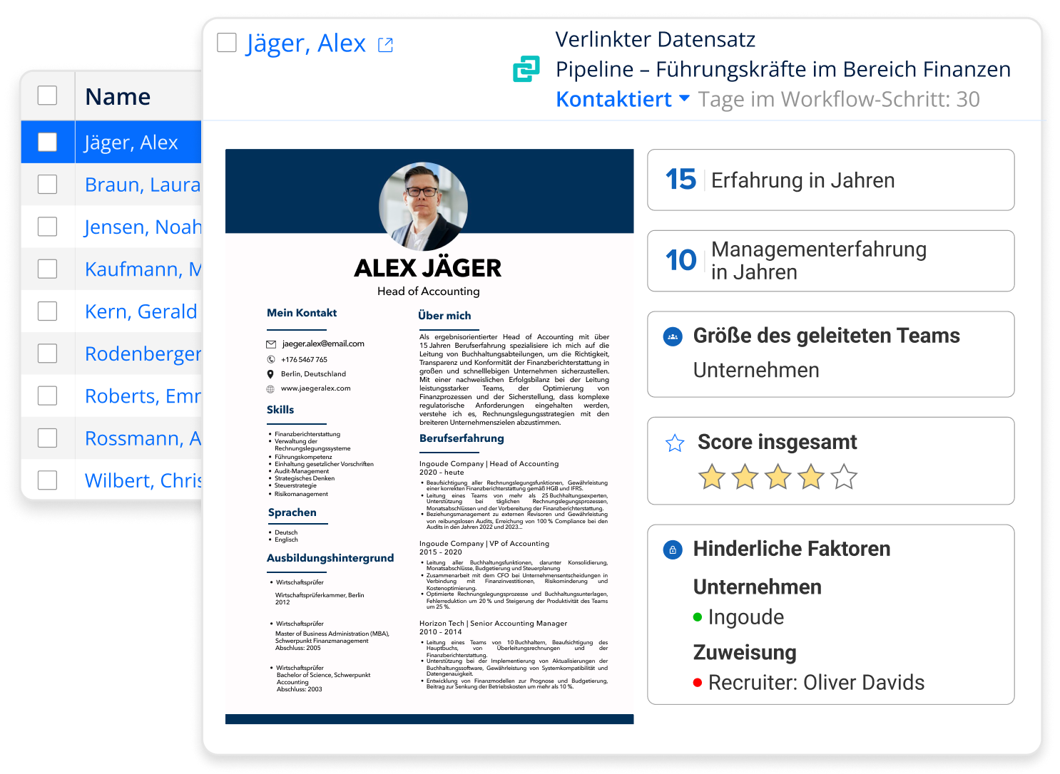 Screenshot einer Recruiting-Software, der den Bewerberdatensatz mit Berufserfahrung und Eignungsbewertung zeigt.