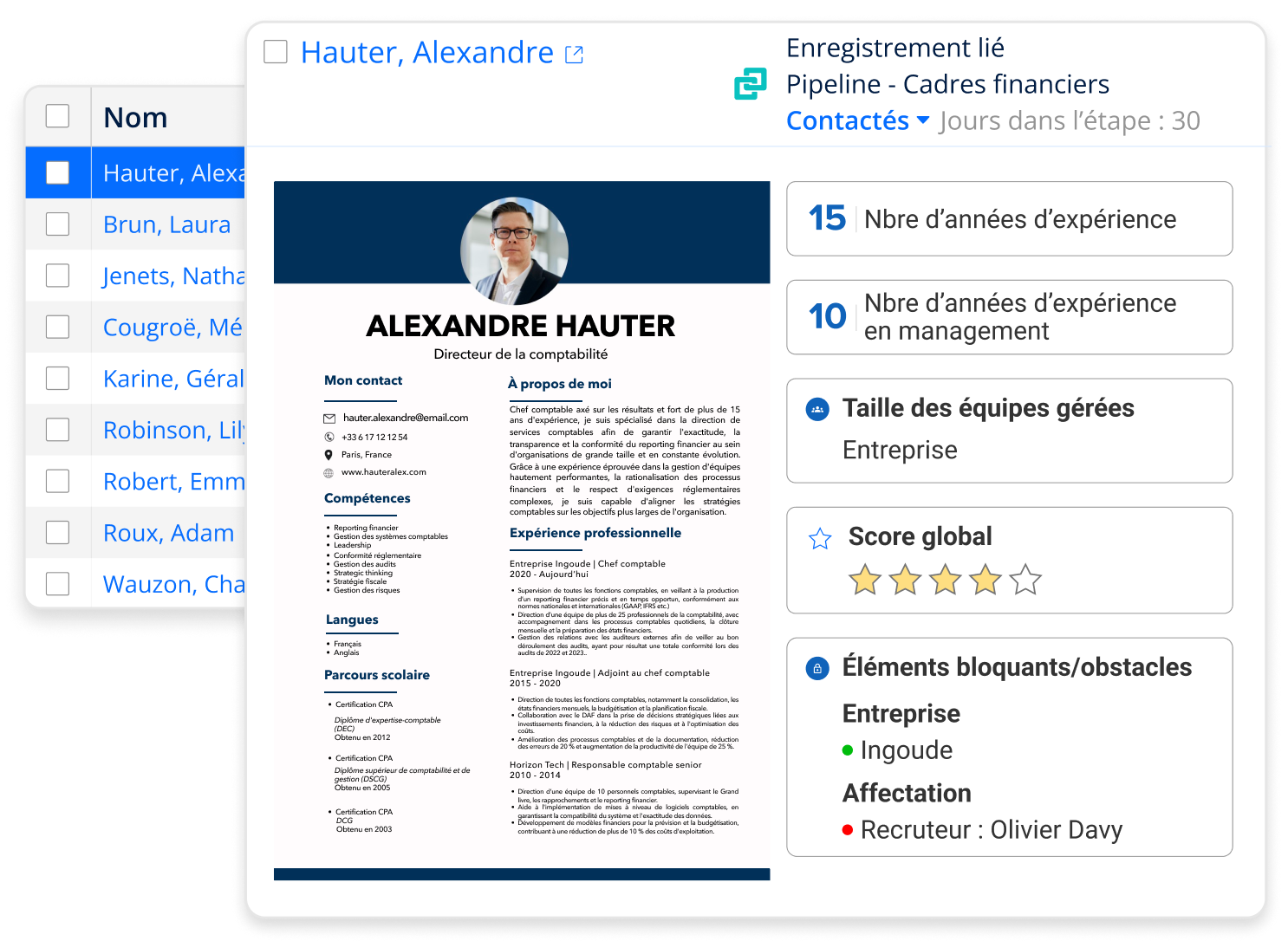 Capture d'écran d'un logiciel de recrutement montrant le dossier professionnel d'un candidat, y compris l'expérience professionnelle et un score d'adéquation.