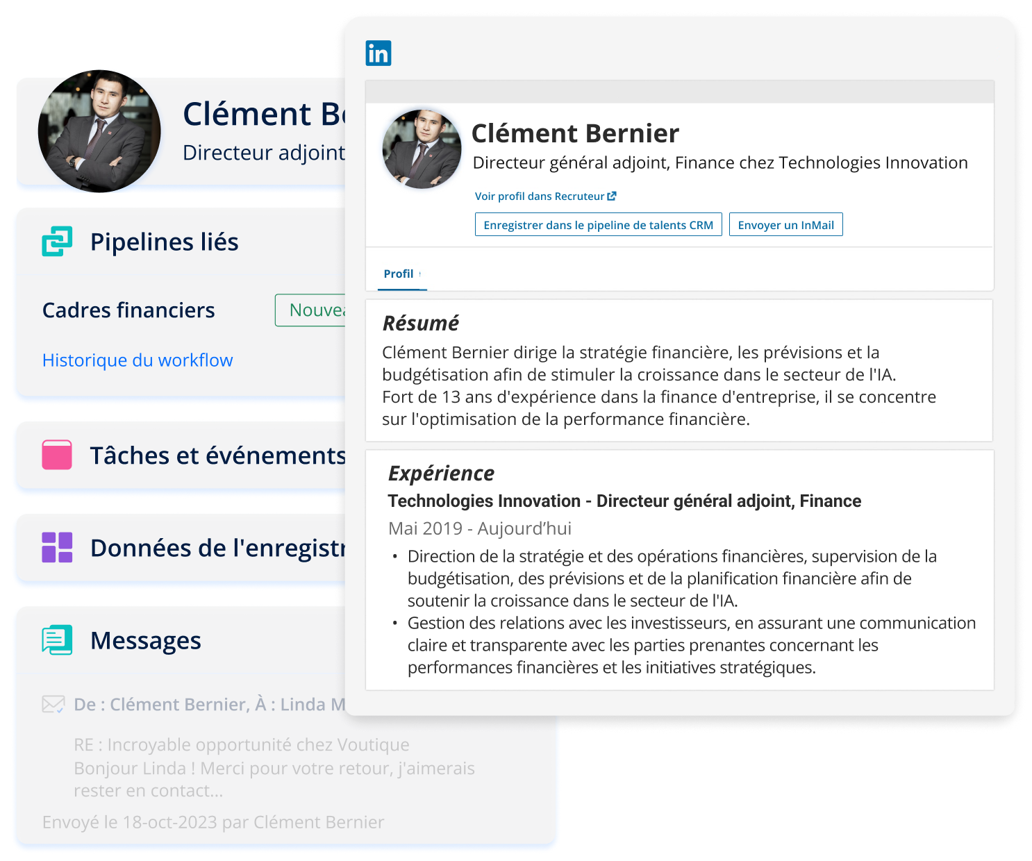 Capture d'écran d'un profil de cadre dirigeant marketing accompagné d'informations LinkedIn.