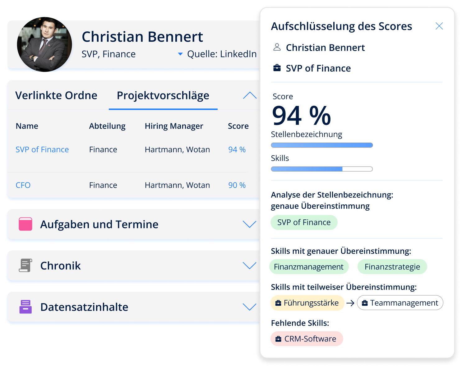 Screenshot einer Software für Führungskräfte-Recruiting, auf dem die Aufschlüsselung der Eignungsbewertung und Skills eines potenziellen Kandidaten für die Position eines Marketingleiters gezeigt wird.