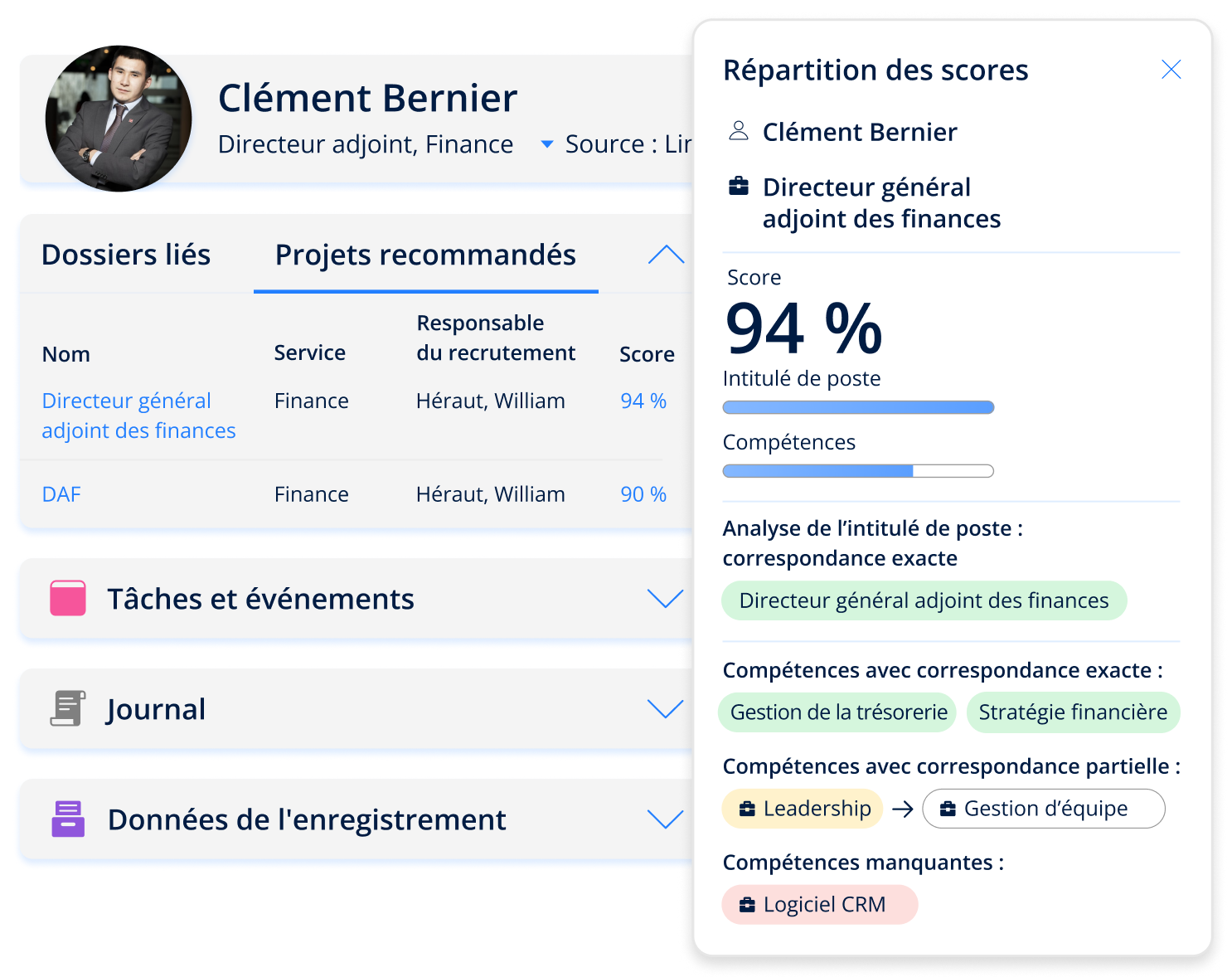 Capture d'écran du logiciel de recrutement de cadres affichant la répartition du score d'adéquation et les compétences d'un candidat potentiel pour un poste de directeur marketing.