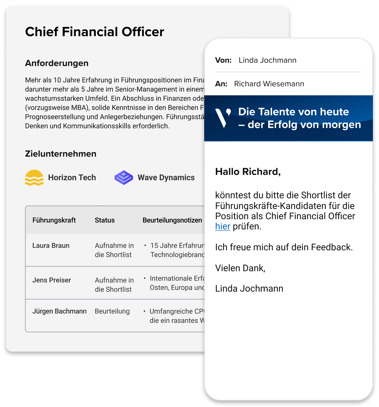 Ein Screenshot eines Smartphones, auf dem eine Portalaufforderung zur Feedback-Abgabe zu einem Kandidaten für eine Führungsposition sowie eine Aufschlüsselung einer Shortlist mit Kandidaten und deren Unternehmen angezeigt werden.