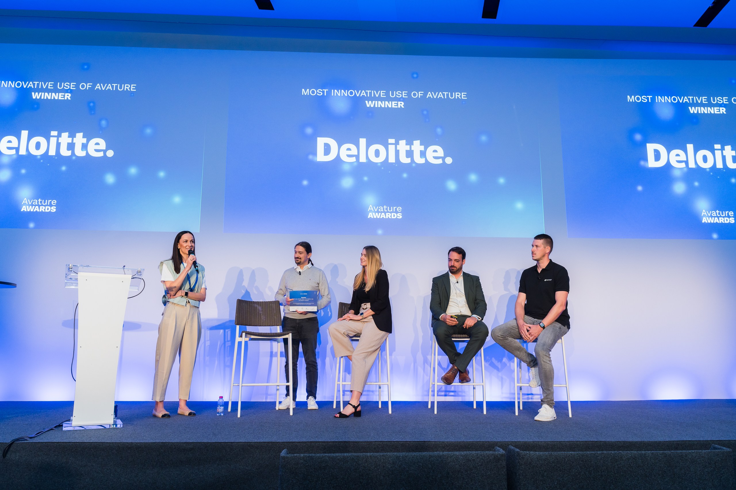 Deloitte Central Europe receiving the Avature Award for Most Innovative Use of Avature next to Awards judges from European Central Bank, Henkel, Deloitte Belgium and TenneT.
