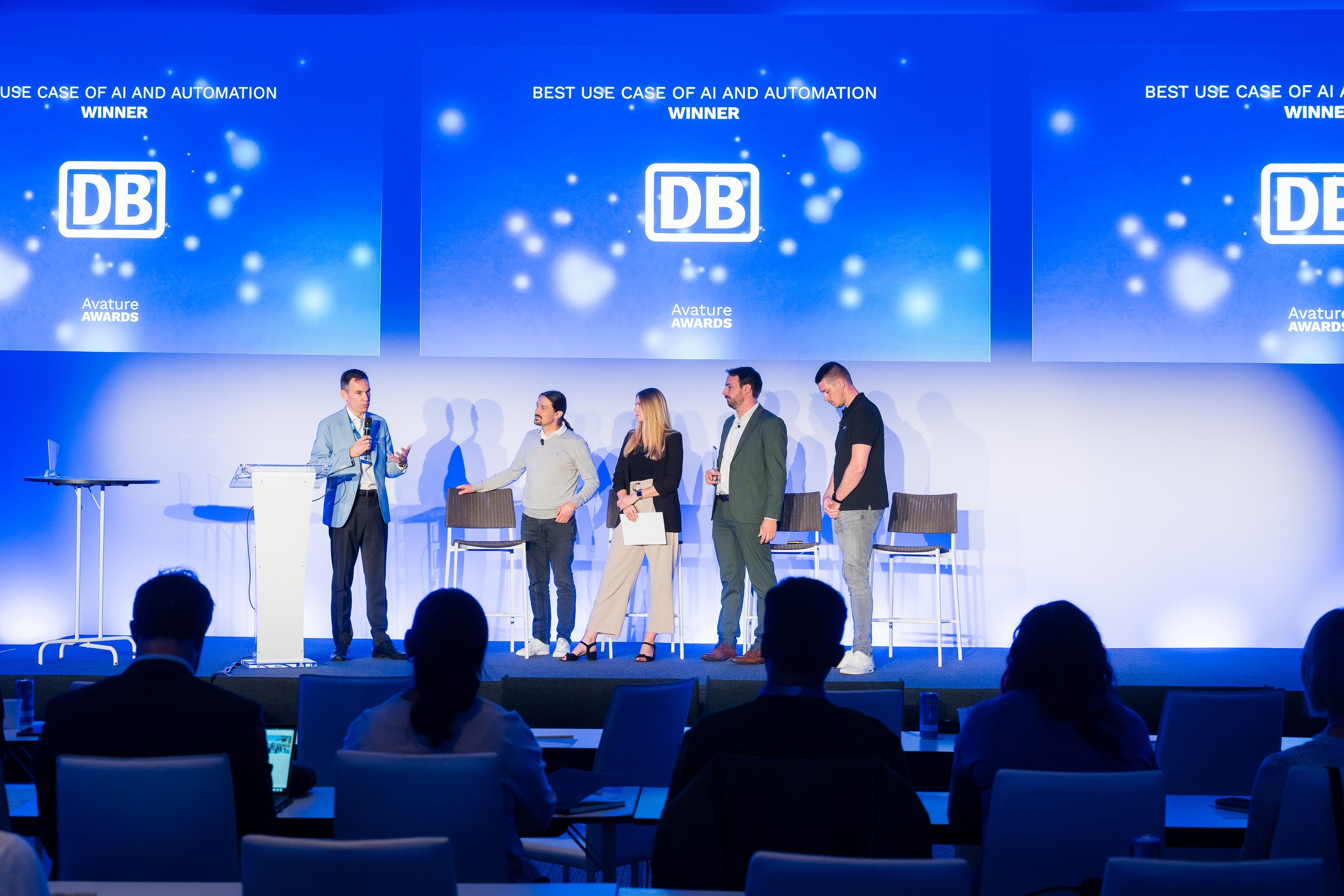 Deutsche Bahn receiving the Avature Award for Best Use Case of Automation and AI next to Awards judges from European Central Bank, Henkel, Deloitte Belgium and TenneT