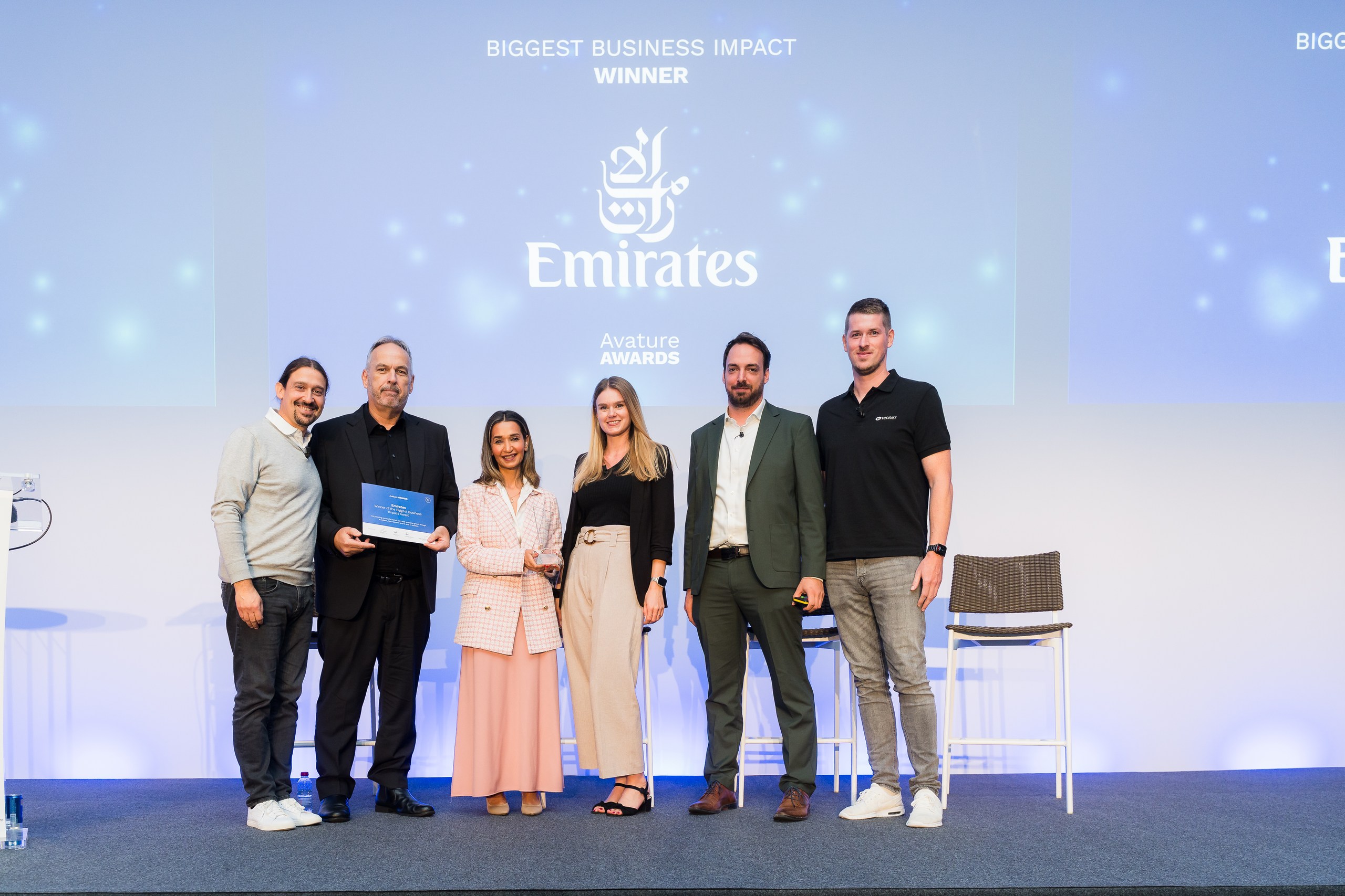 Emirates receiving the Avature Award for Biggest Business Impact next to Awards judges from European Central Bank, Henkel, Deloitte Belgium and TenneT