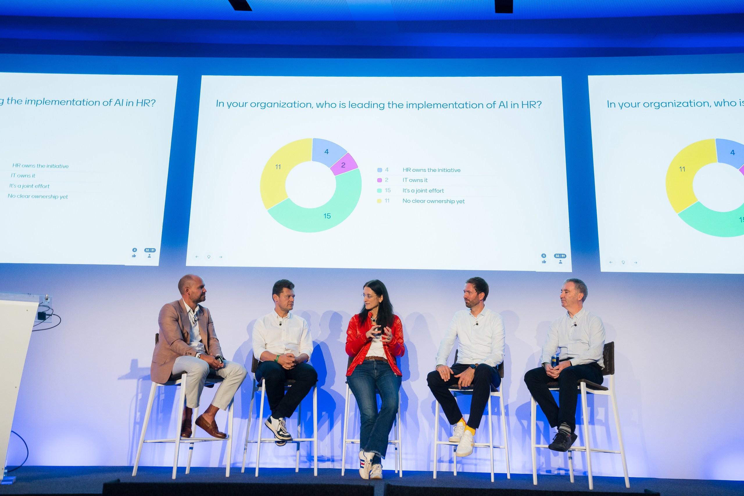 Panel discussion about the collaboration between HR and IT. Participants, from left to right, are James Harrison, VP of Sales EMEA at Avature, Kris Legroe, Director of People Technology at Virgin Media O2, Kerstin Wagner, Executive VP of Talent Acquisition at Deutsche Bahn, Jochen Lampe-Merian, VP of Employer Branding & Talent Acquisition at DHL and Jon Lester, Vice President of HR Technology, Data & AI at IBM.