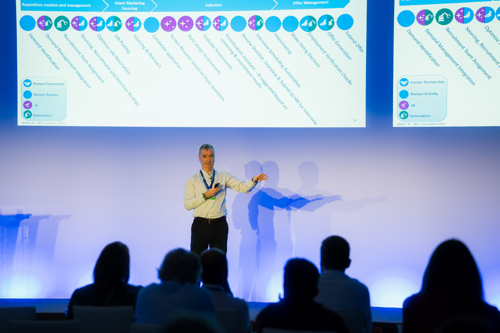 Jon Lester, Vice President of HR Technology, Data & AI at IBM, delivering an engaging presentation about the company’s forward-looking AI vision.