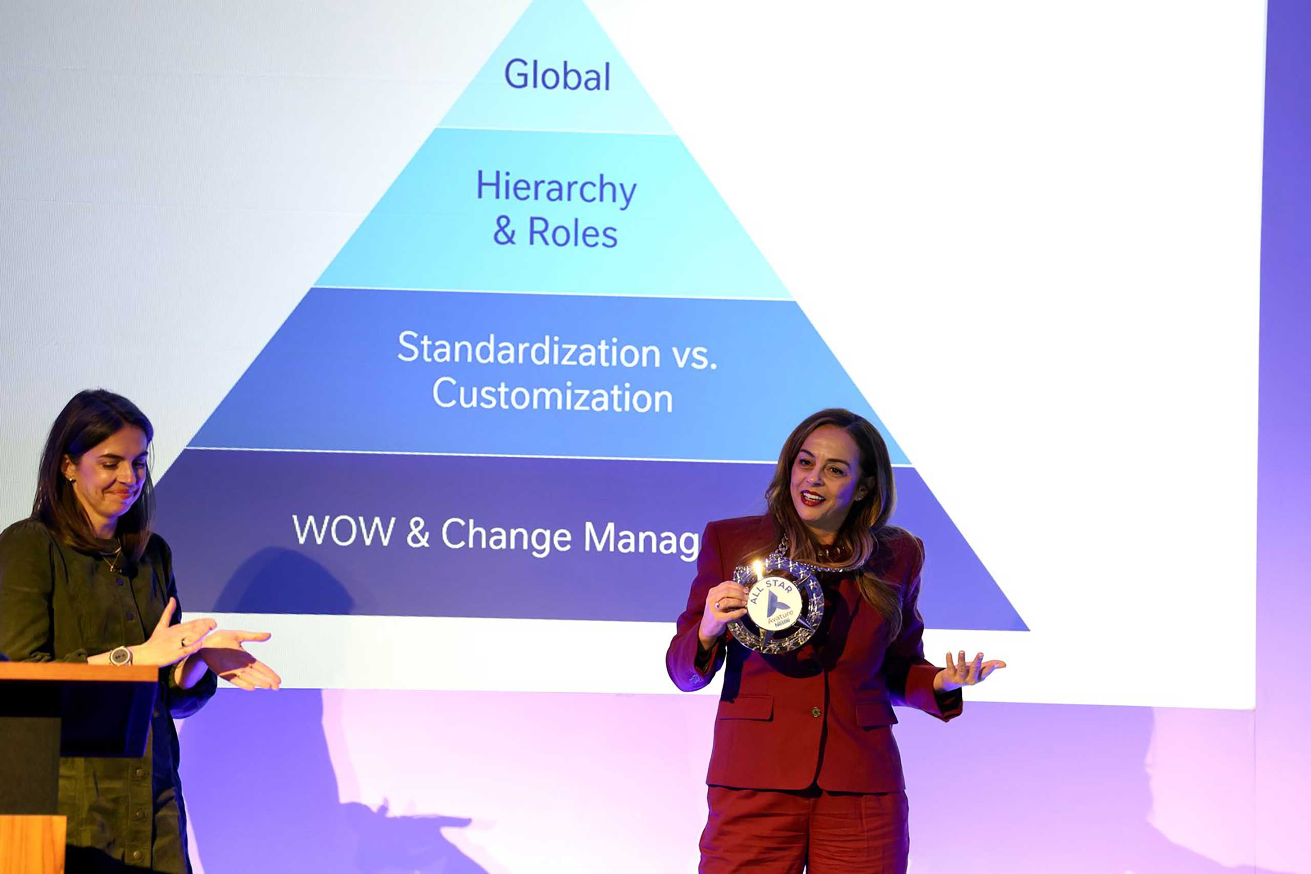 Dejana Marich, Talent Acquisition, Recruitment Marketing and Technology Leader at Nestlé, and Justine Cantwell, Consultant Digital Brand Management at Nestlé Purina, present together on stage at #AvatureUpfront US 2025